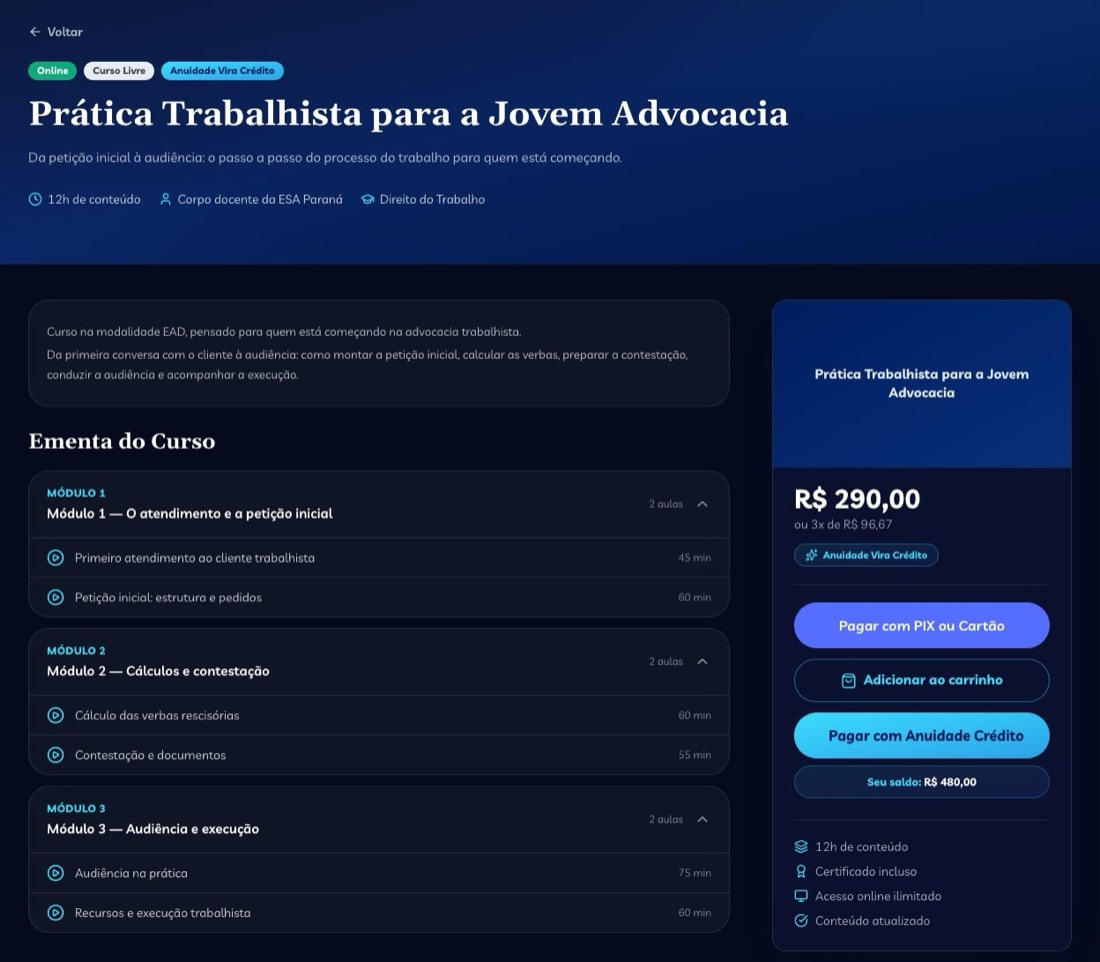 Curso da ESA com o botão Pagar com Anuidade Crédito e o saldo