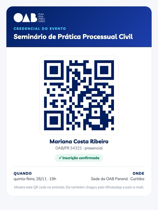 A credencial do evento com QR code