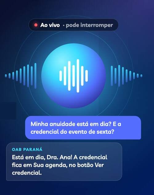 Ilustração da conversa por voz: a pessoa pergunta se a anuidade está em dia e onde está a credencial, e a OAB Paraná responde